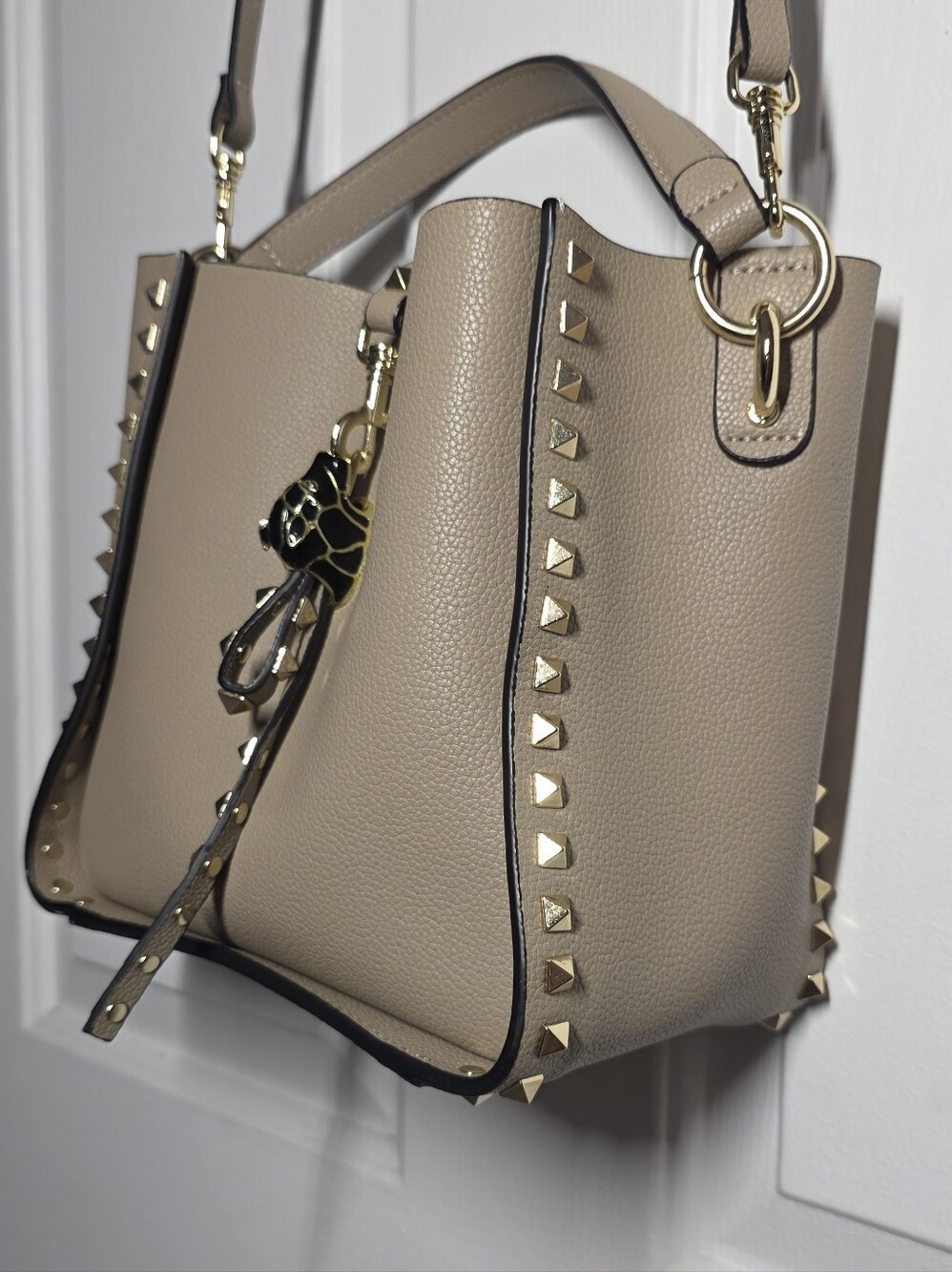 Genuine Cowhide Leather Studded Bucket Bag with Top Handle - Picture 9 of 16
